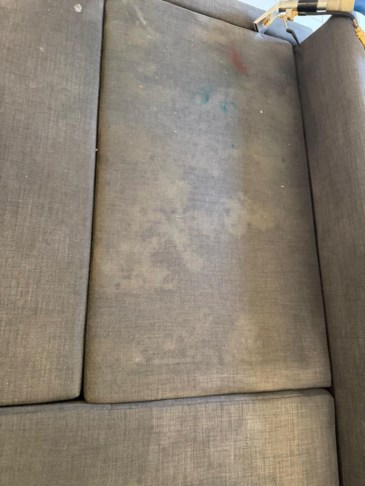 Extraction wand mid-clean on the grey sofa bed