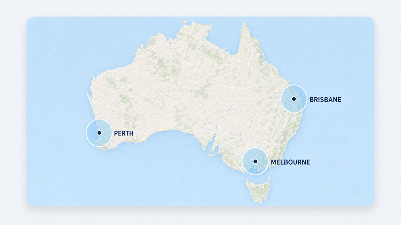 Map of Australia with service pins on Melbourne, Brisbane and Perth