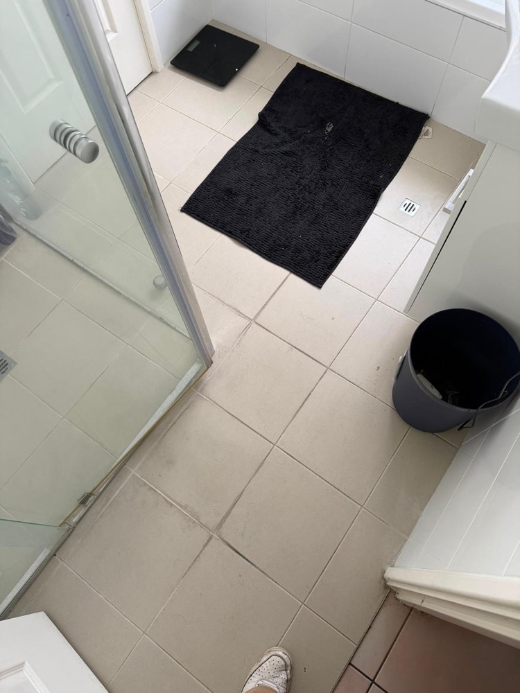Bathroom floor with dirty grout before cleaning
